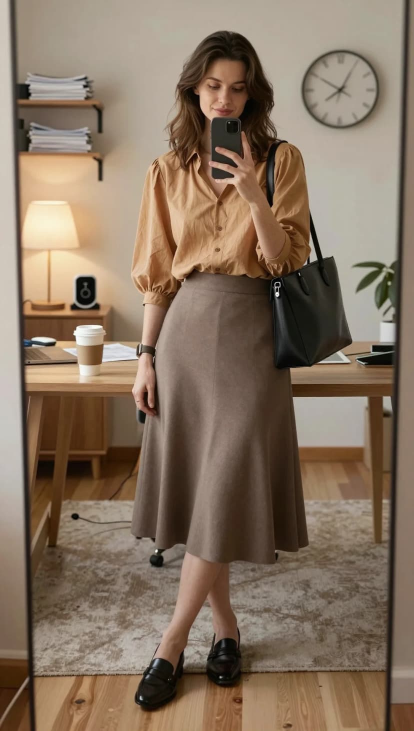 Tan Gauze Button-Down + Taupe Suede A-Line Midi Skirt + Black Leather Loafers