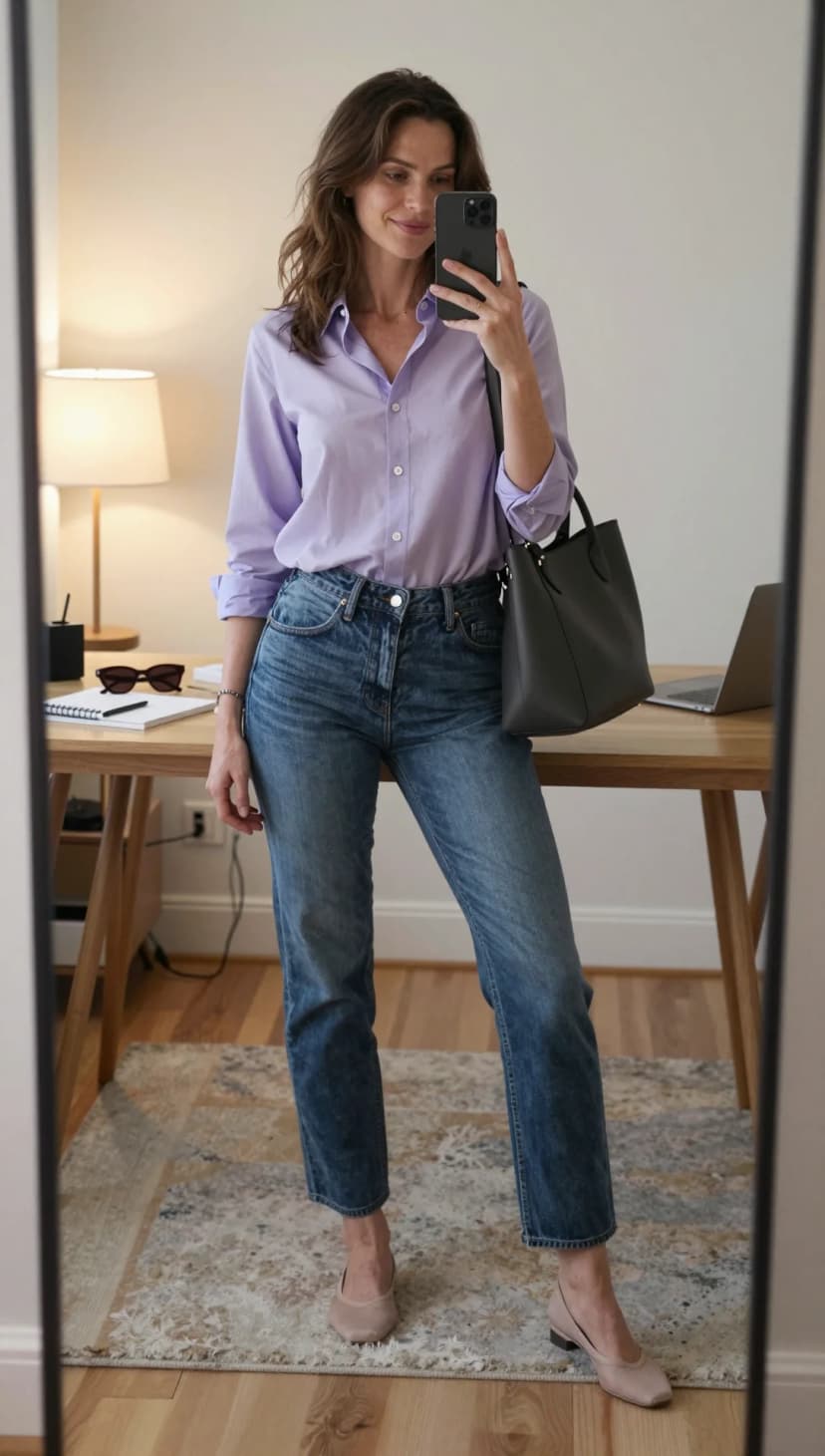 Lavender Cotton Button-Down + Medium Wash Denim Jeans + Taupe Suede Flats + Grey Leather Tote Bag
