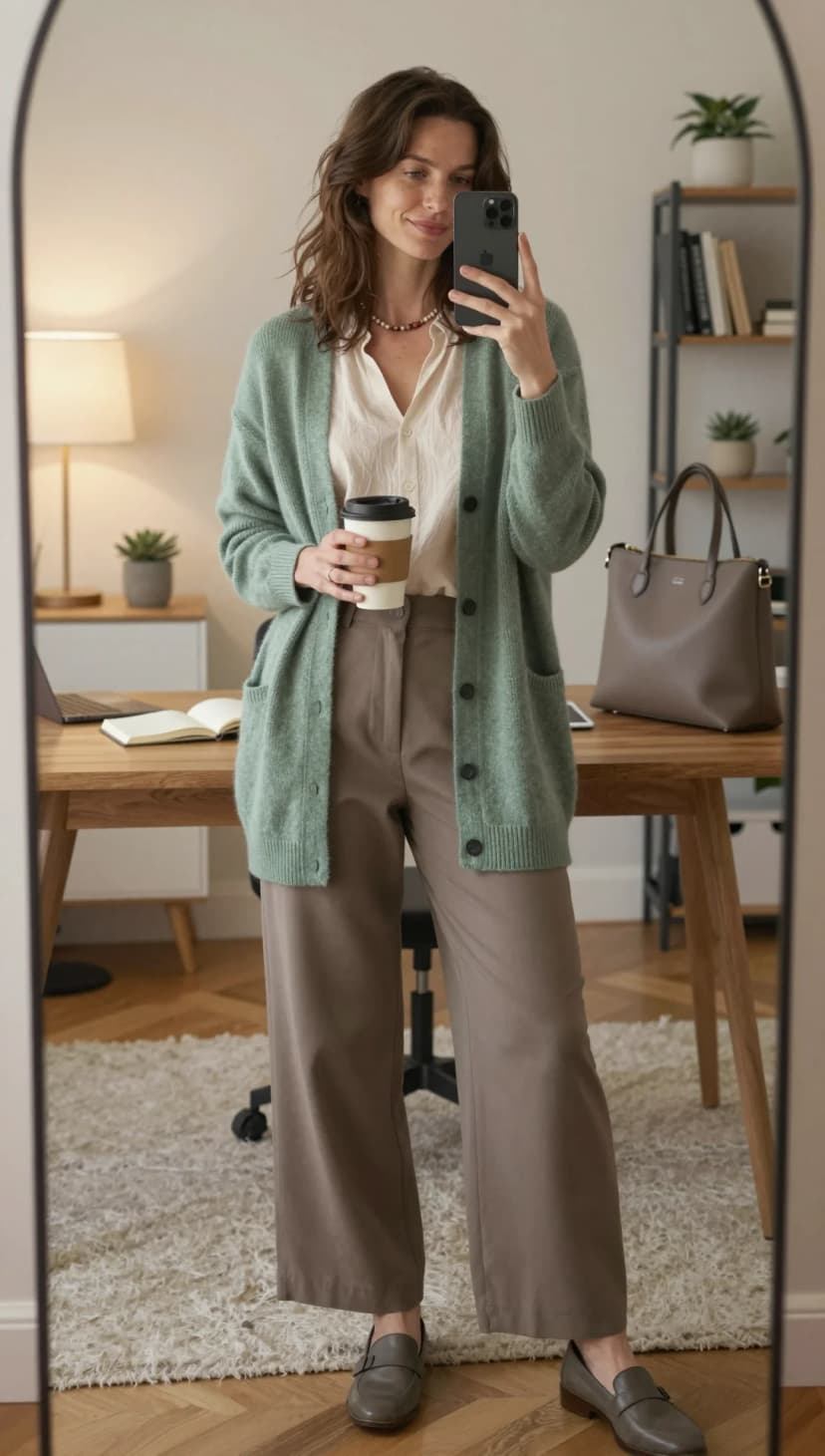 Mint Green Cardigan + Cream Button-Down Shirt + Taupe Wide-Leg Trousers + Grey Loafers