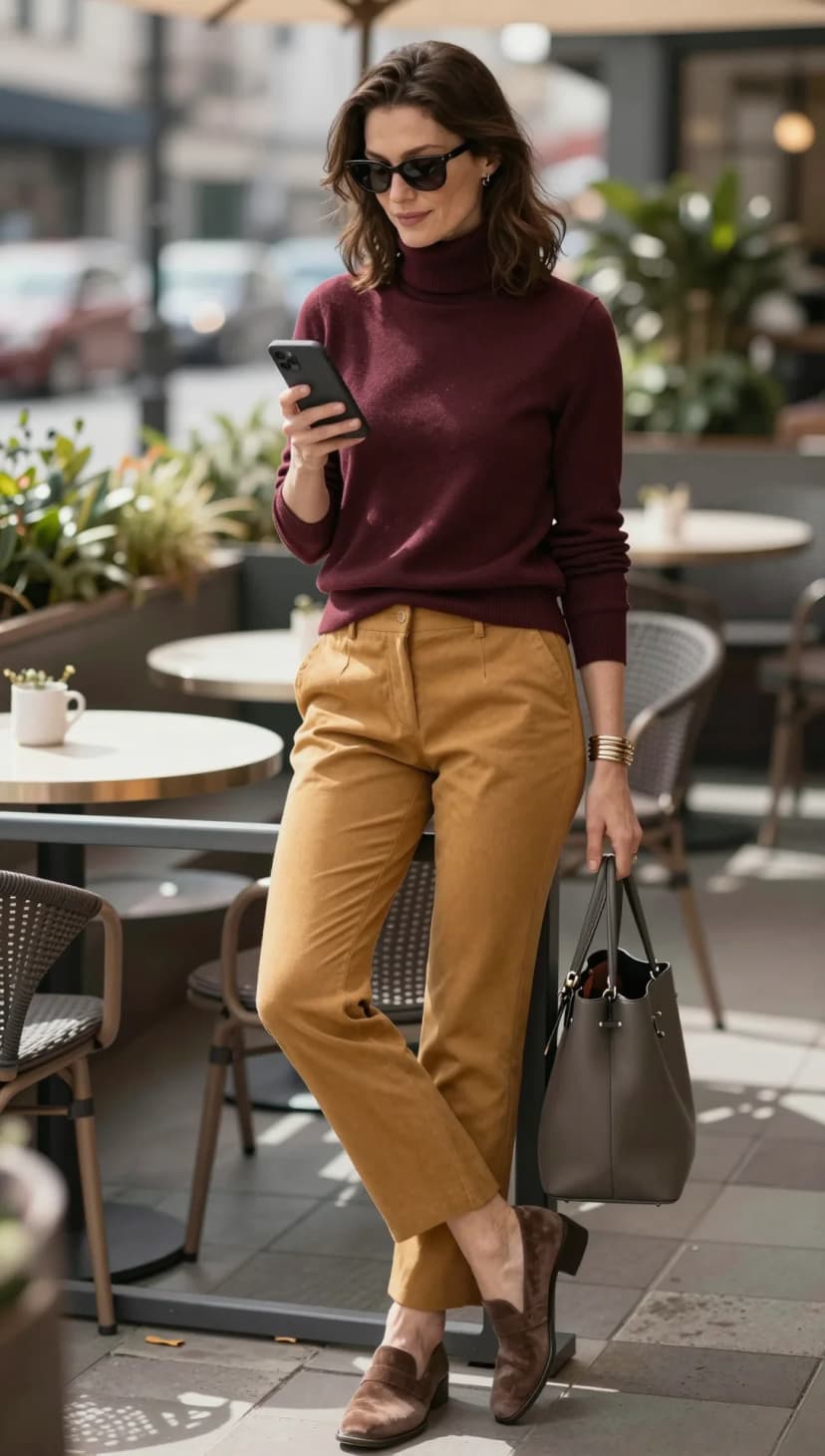 Burgundy Cashmere Turtleneck + Camel Corduroy Trousers + Brown Suede Loafers