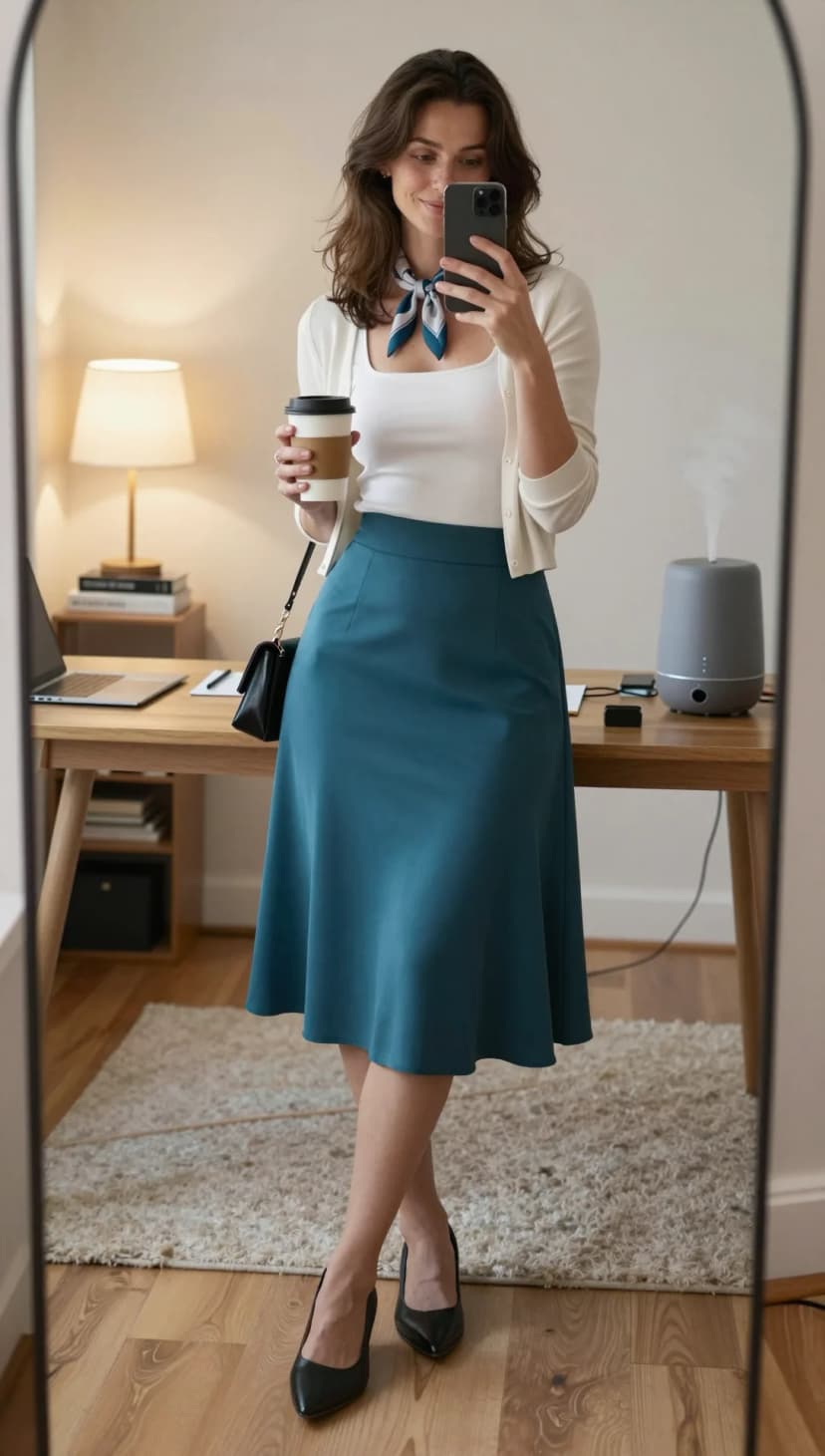 White Ribbed Knit Cardigan + Teal A-Line Midi Skirt + Black Pointed Heels