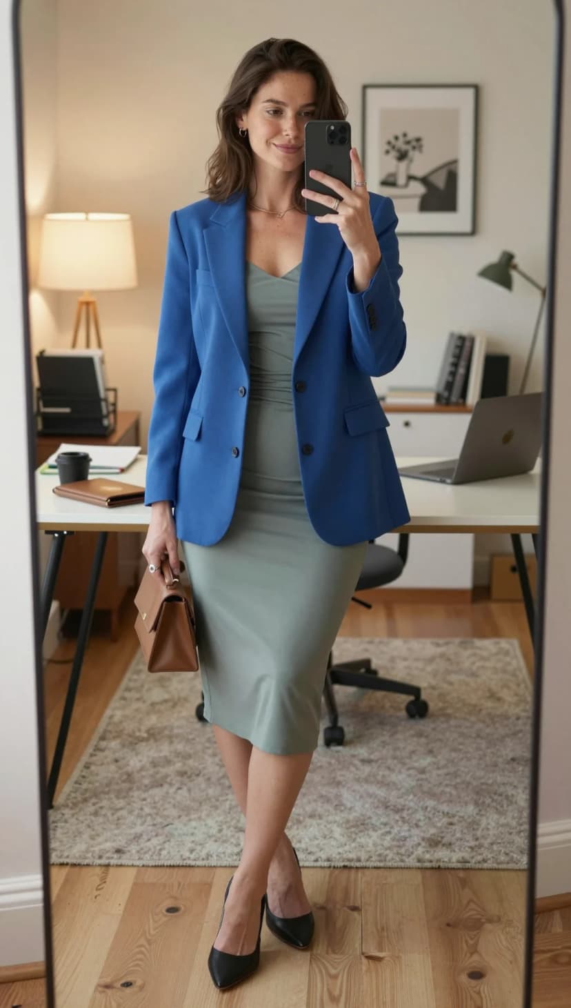 Royal Blue Blazer + Sage Green Knit Dress + Tan Leather Satchel + Black Pointed Heels