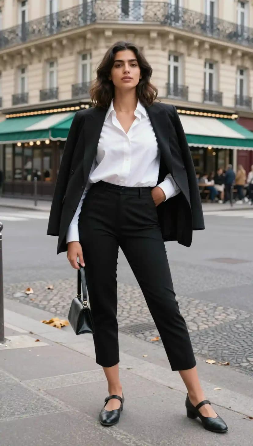 White Cotton Shirt + Black Wool Trousers + Black Wool Blazer