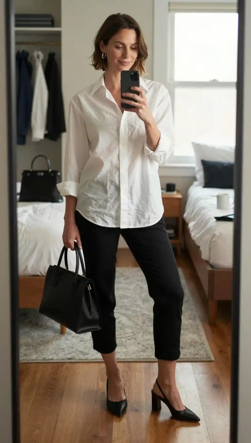 White Cotton Button-Up Shirt + Black Crepe Capri Pants + Black Leather Slingback Heels