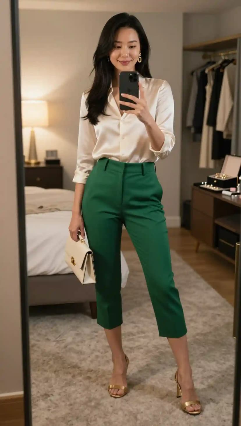 Cream Satin Button-Up Shirt + Emerald Green Cropped Trousers + Gold Strappy Heels