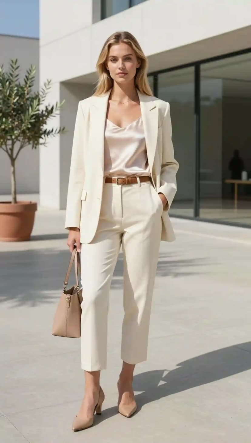 Cream Blazer + Cream Capri Pants + Cream Silk Camisole + Brown Leather Belt