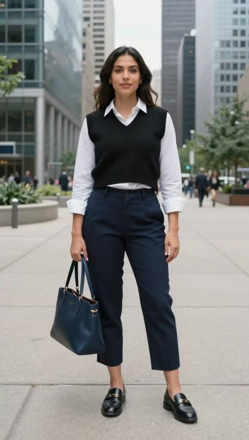 White Cotton Poplin Shirt + Black Knit Vest + Navy Wool Trousers