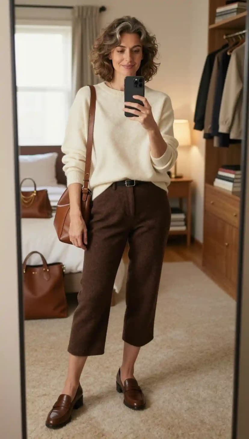 Cream Knit Sweater + Brown Wool Capri Pants + Black Leather Belt