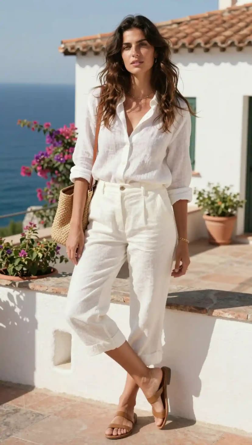 White Linen Button-Up Shirt + White Linen Capri Pants + Brown Suede Slide Sandals
