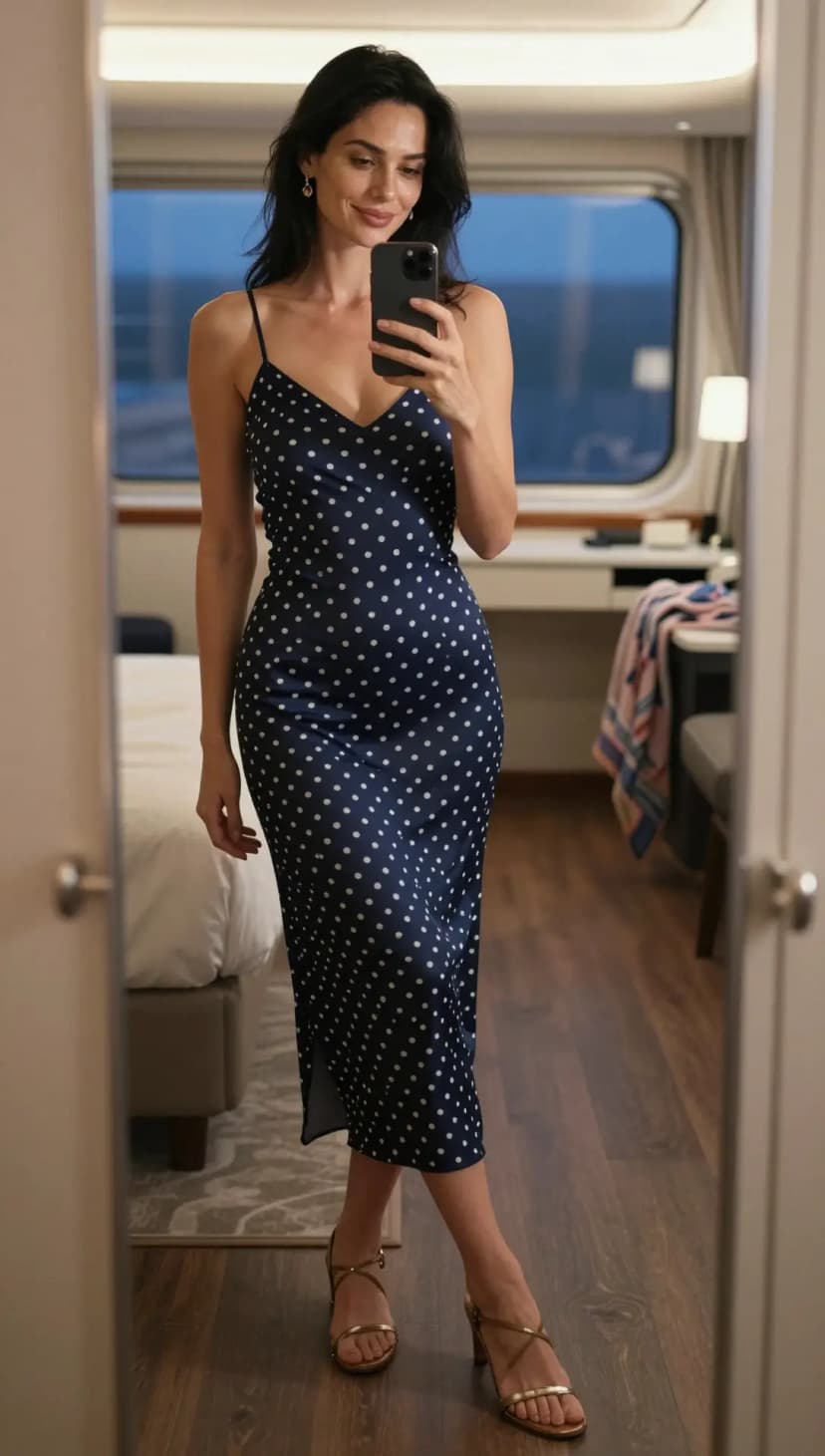 Navy Polka Dot Silk Slip Dress + Gold Strappy Heels