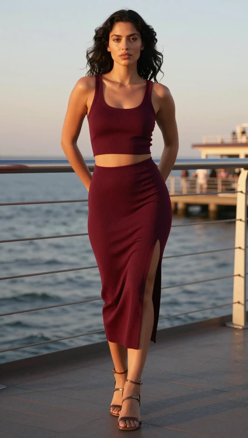Burgundy Ribbed Knit Crop Top + Burgundy Ribbed Knit Midi Skirt + Rose Gold Strappy Heels