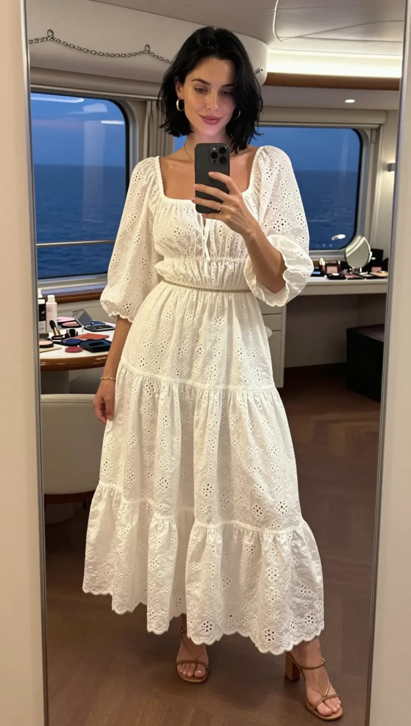 White Broderie Anglaise Midi Dress + Gold Chain Belt + Tan Strappy Heels