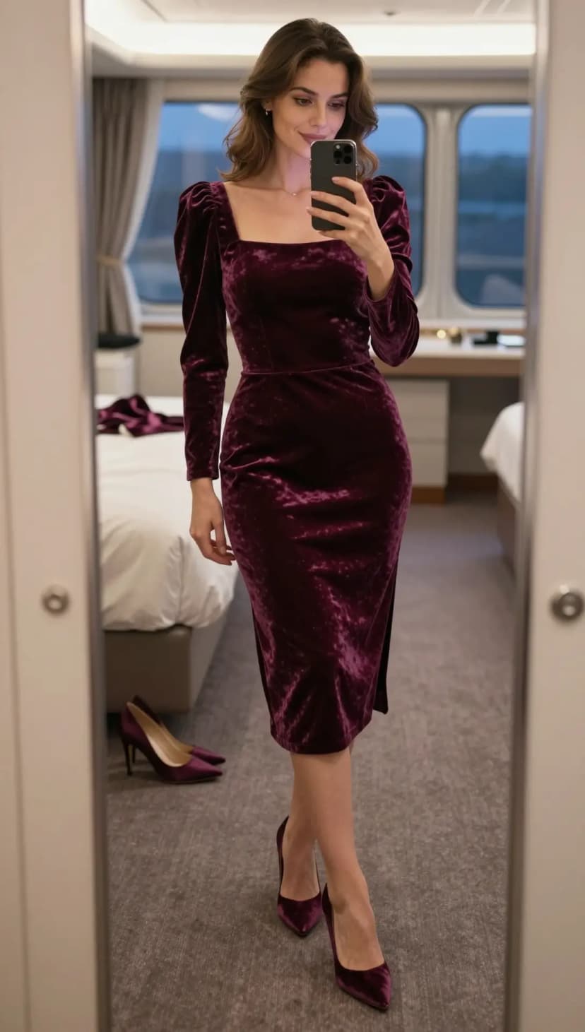 Plum Velvet Puff Sleeve Midi Dress + Plum Velvet Pointed Toe Heels