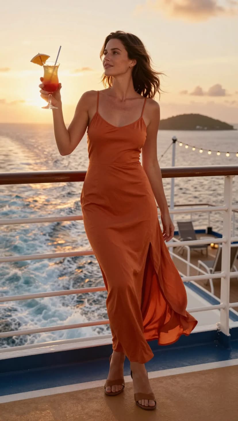 Orange Linen Slip Dress + Tan Strappy Heels