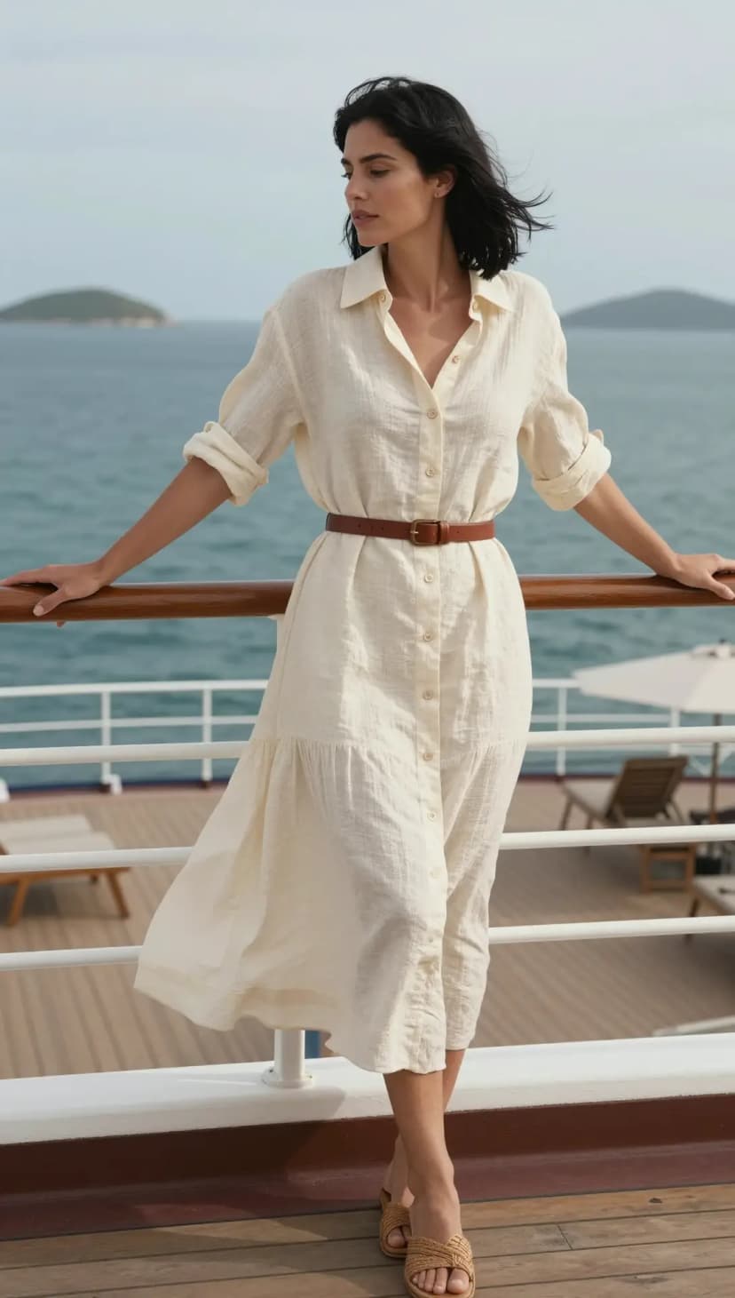 Cream Linen Shirt Dress + Brown Leather Belt + Tan Woven Slides