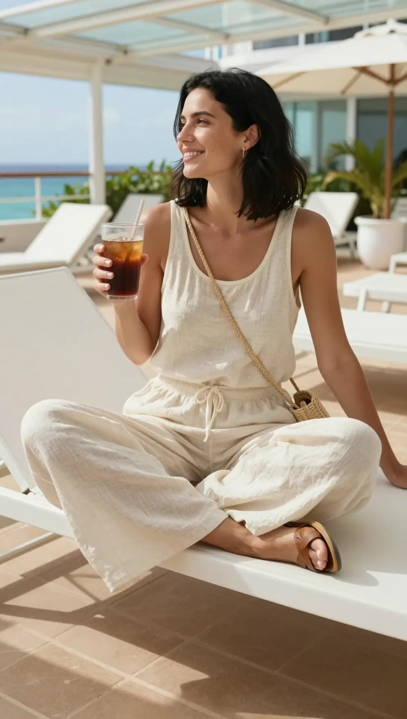 Cream Linen Tank + Cream Linen Wide-Leg Pants + Tan Slide Sandals