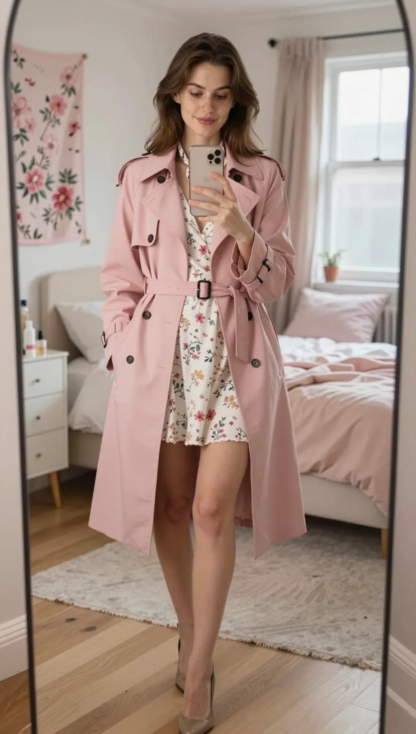Pink Trench Coat + White Floral Mini Dress + Silver Heels