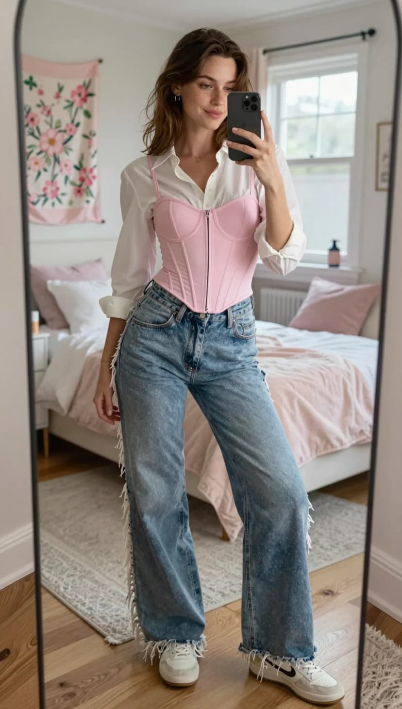 White Poplin Button-Down Shirt + Pink Faux Leather Corset Top + Light Wash Distressed Denim Jeans + White Sneakers
