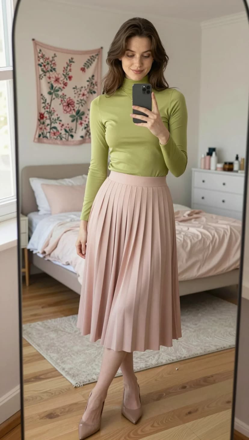 Lime Green Turtleneck Top + Pink Pleated Midi Skirt + Nude Pointed Heels