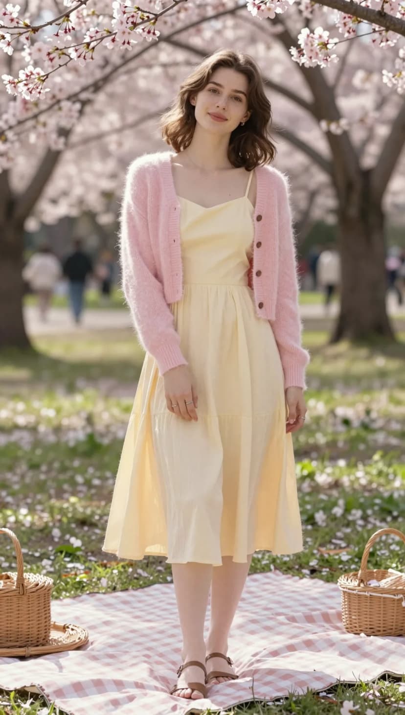 Pale Yellow Tiered Sundress + Light Pink Fuzzy Cardigan + Brown Flat Sandals