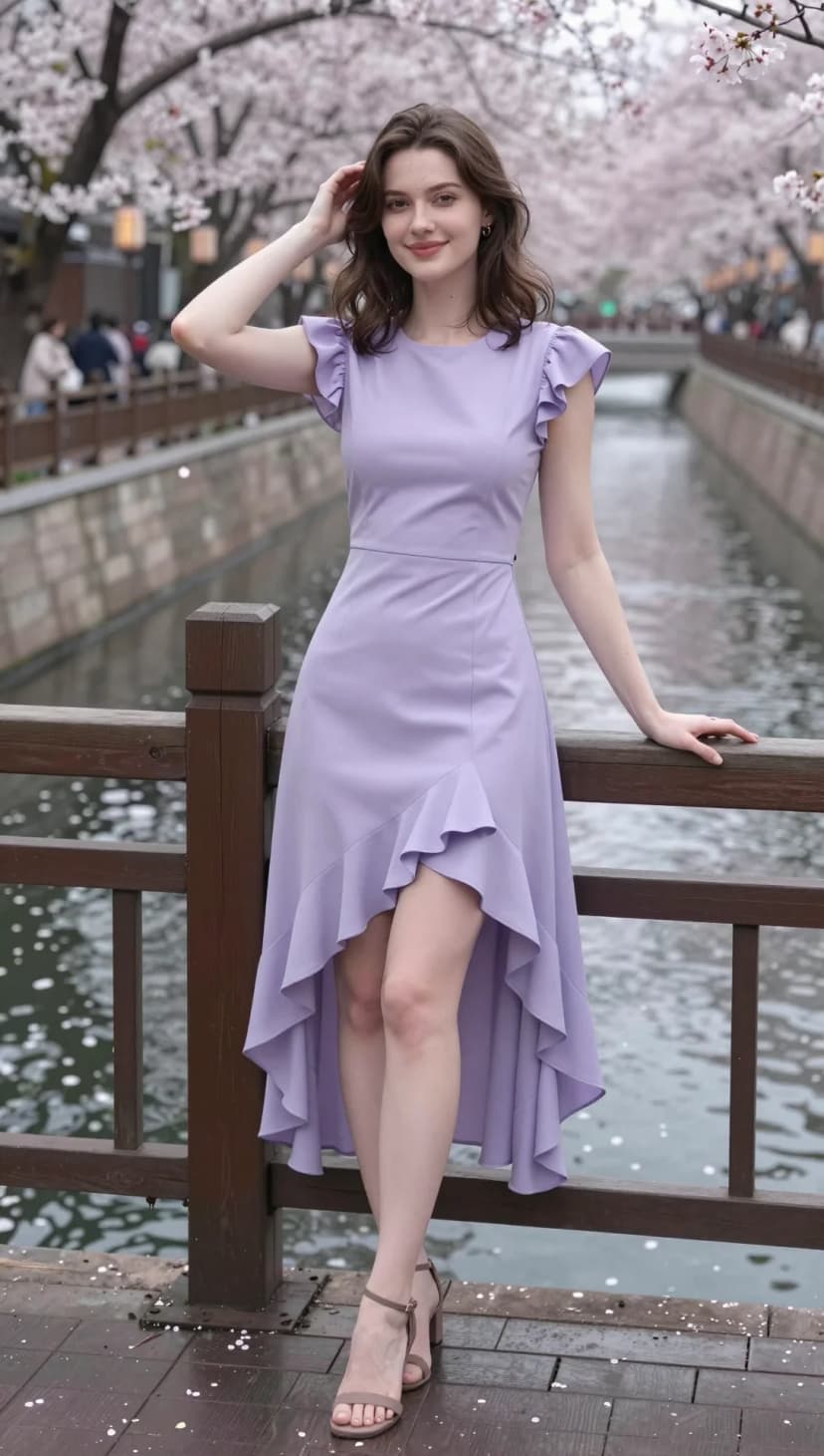 Lavender Ruffle Trim High-Low Dress + Taupe Strappy Heels