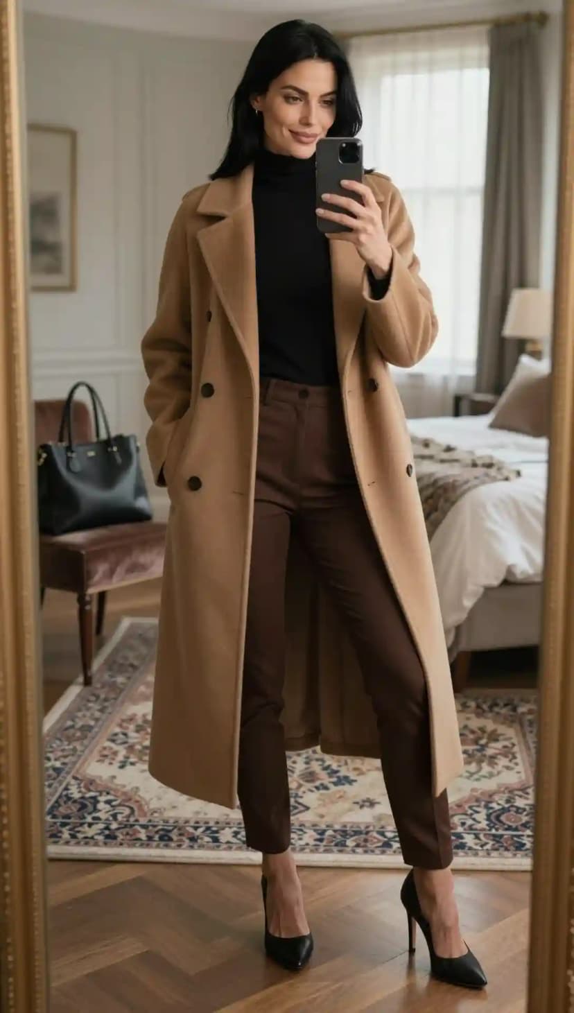 Black Wool Turtleneck + Brown Wool Trousers + Camel Wool Coat