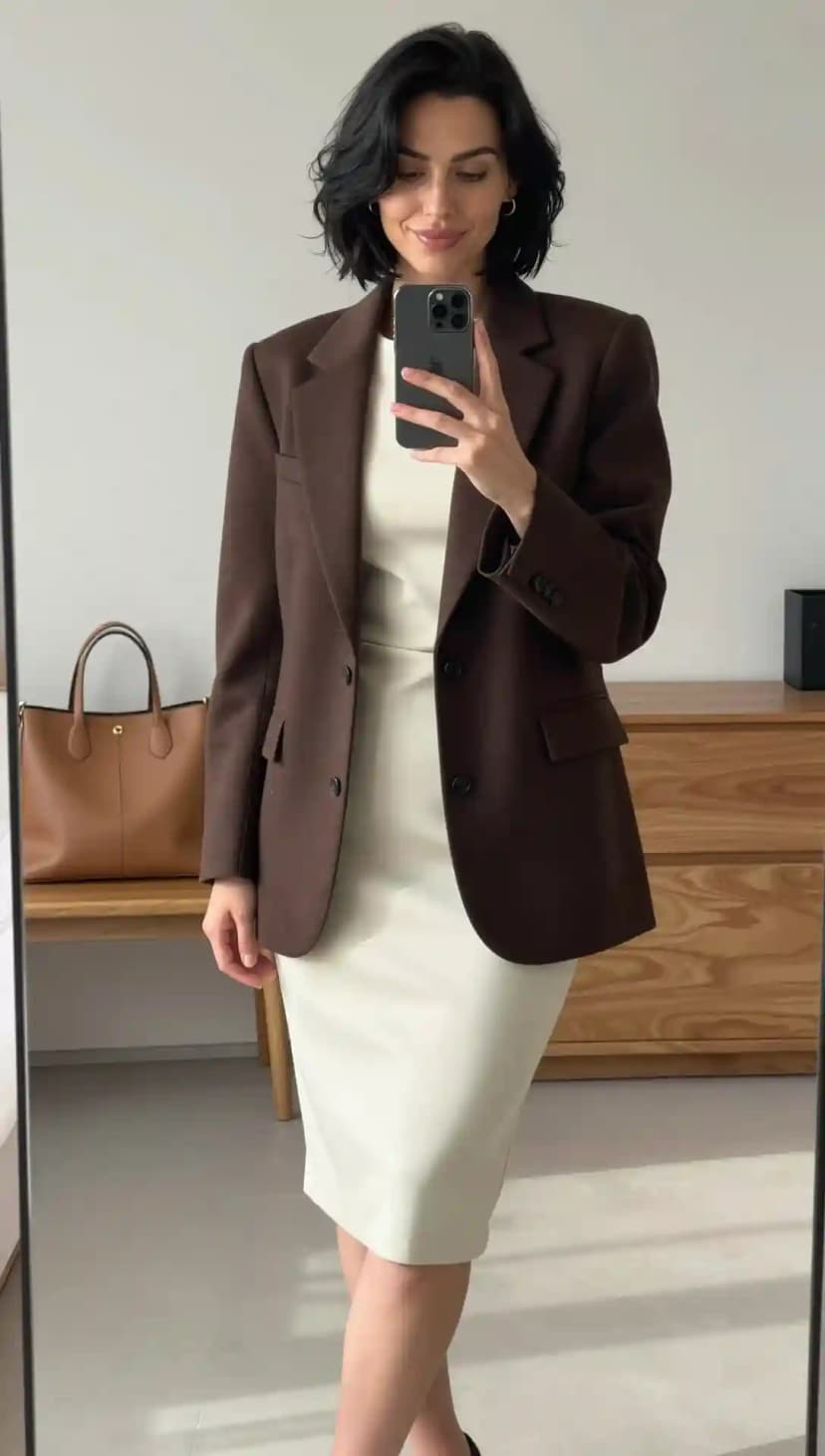 Brown Wool Blazer + Cream Knit Pencil Dress