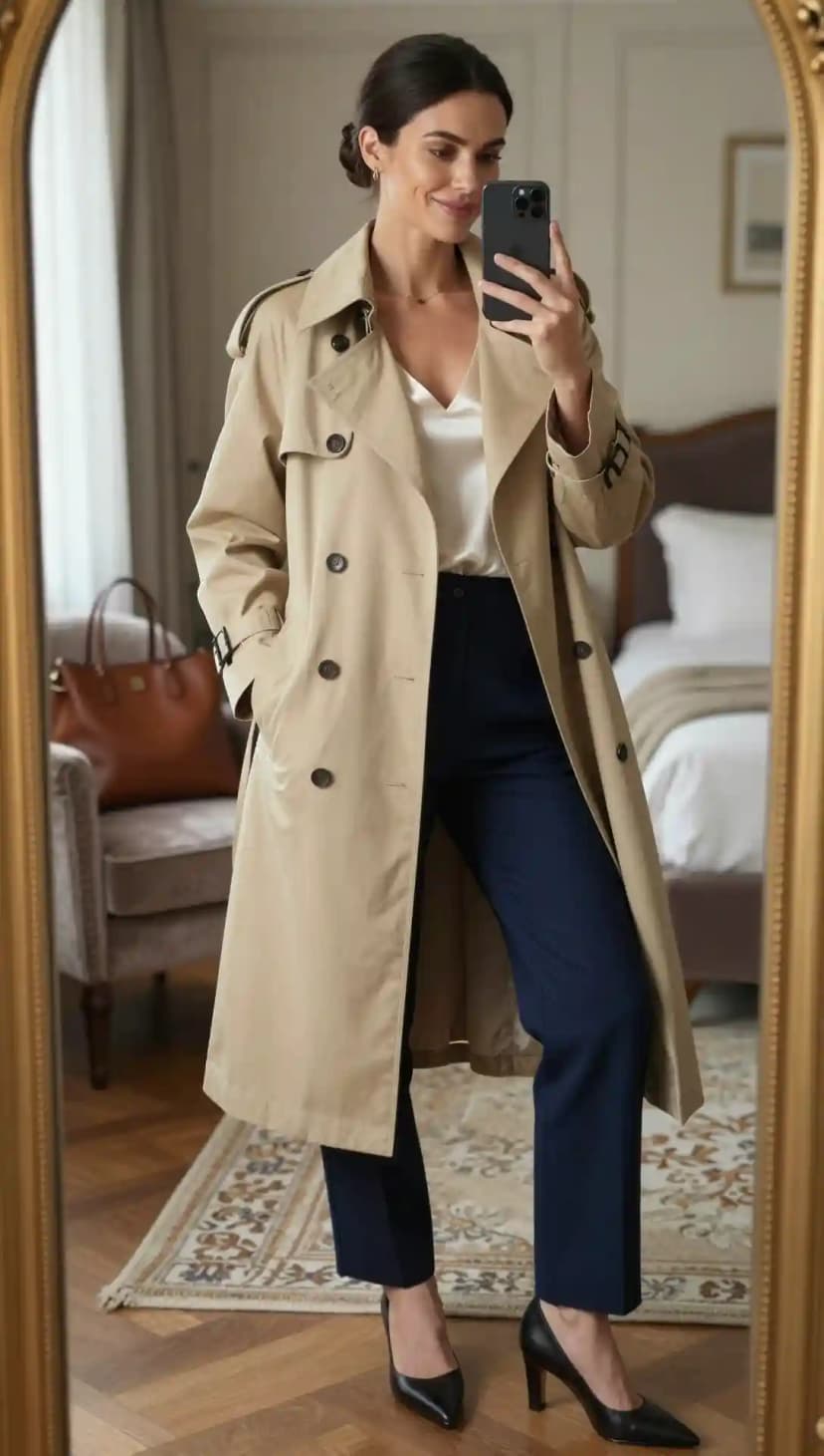 Beige Cotton Trench Coat + White Satin Camisole + Navy Wool Trousers