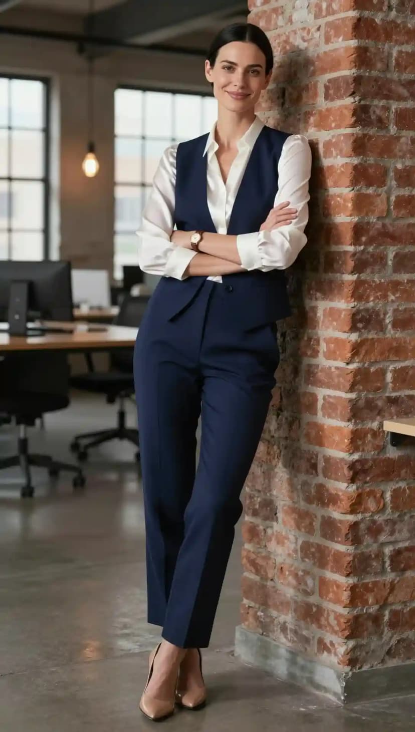 White Satin Blouse + Navy Wool Vest + Navy Wool Trousers