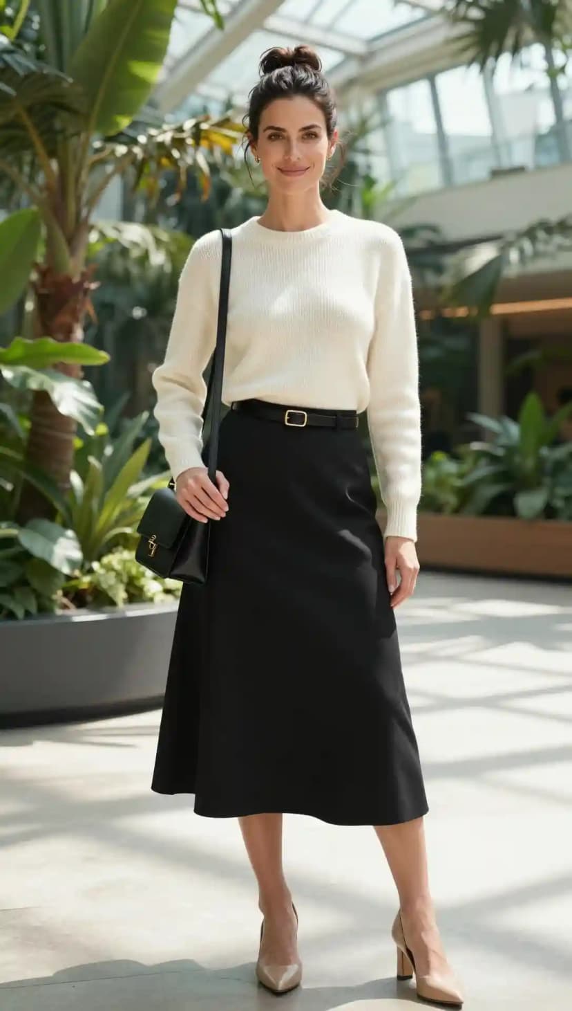Soft Cream Cashmere Crewneck Sweater + Structured Black A-Line Midi Skirt