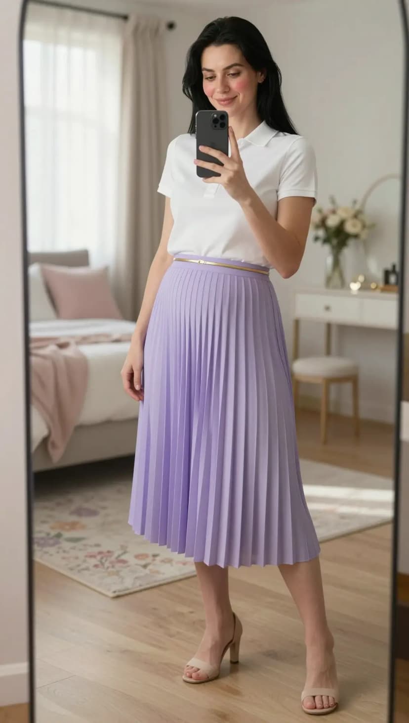 White Cotton Polo + Lavender Pleated Midi Skirt + Beige Leather Heels
