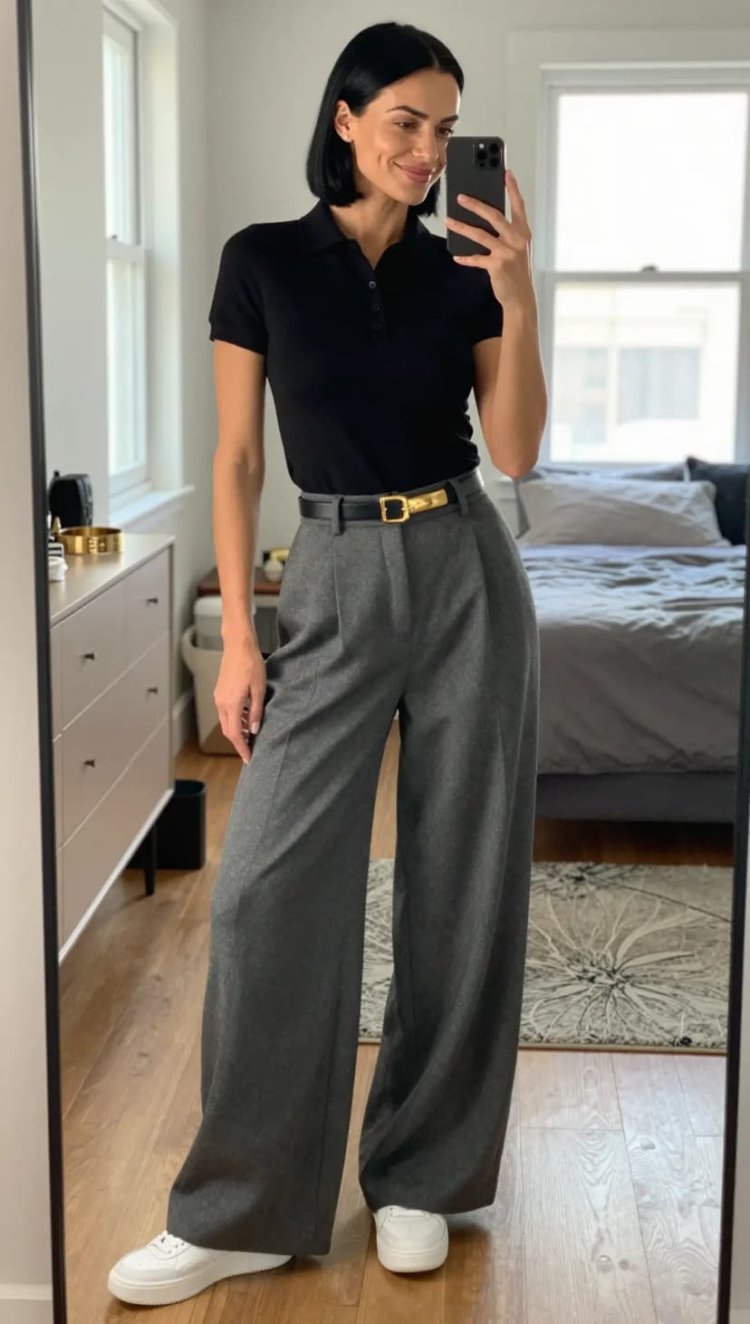 Black Knit Polo + Charcoal Wool Trousers + Black Leather Belt