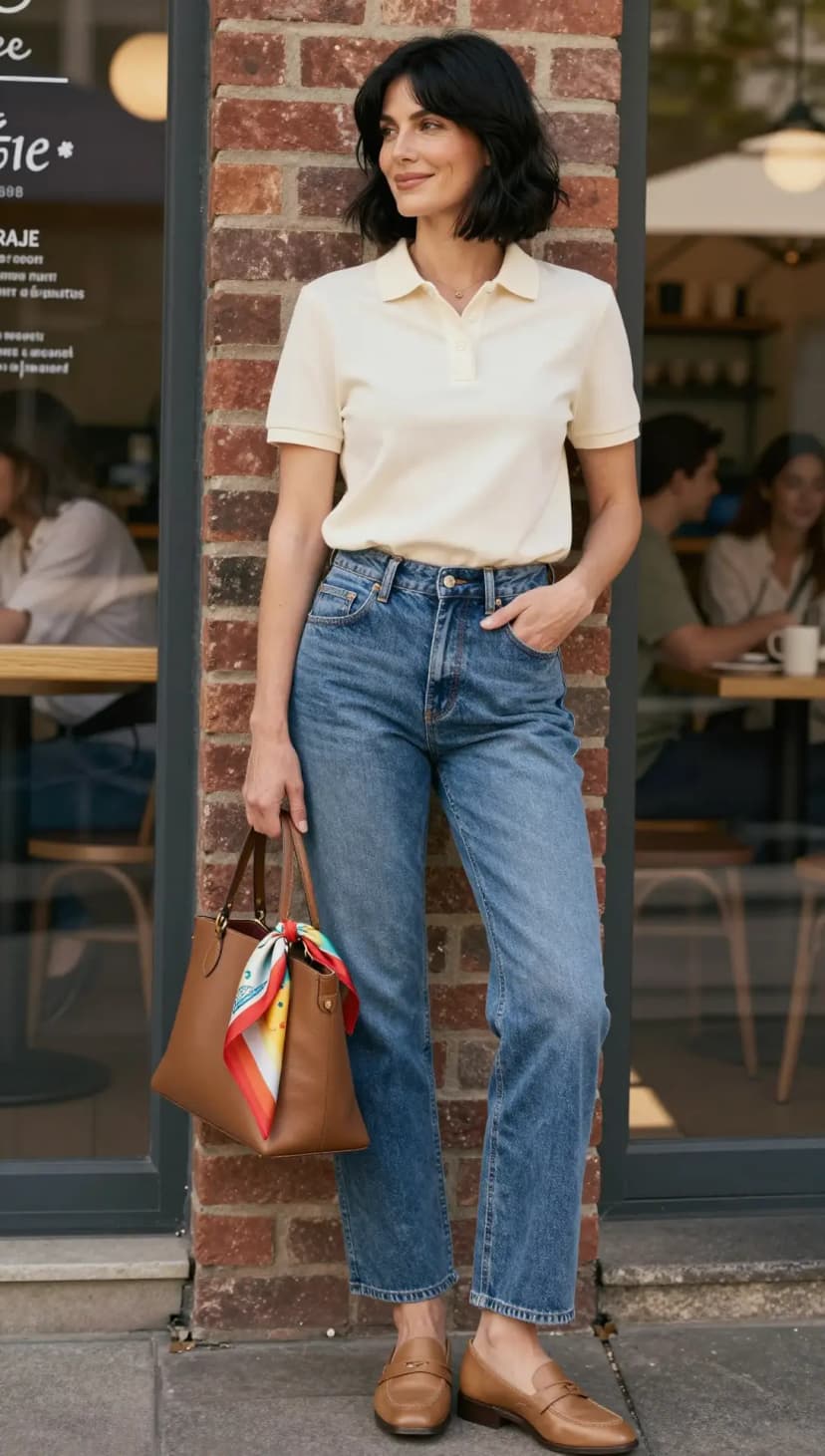 Cream Cotton Polo + Blue Denim Jeans + Brown Leather Loafers