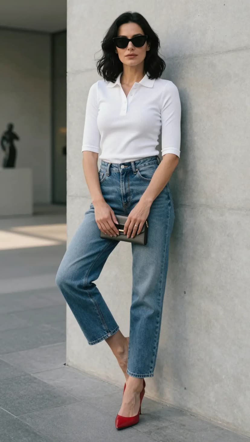 White Ribbed Knit Polo + Blue Denim Jeans + Red Leather Heels