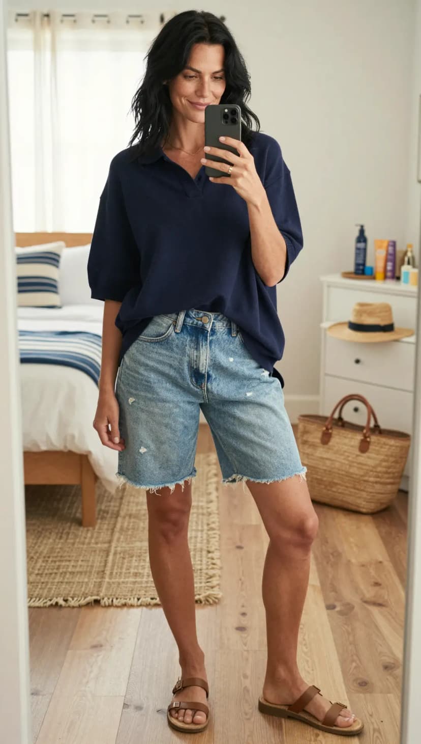 Navy Knit Polo + Light Wash Denim Bermuda Shorts + Brown Leather Sandals