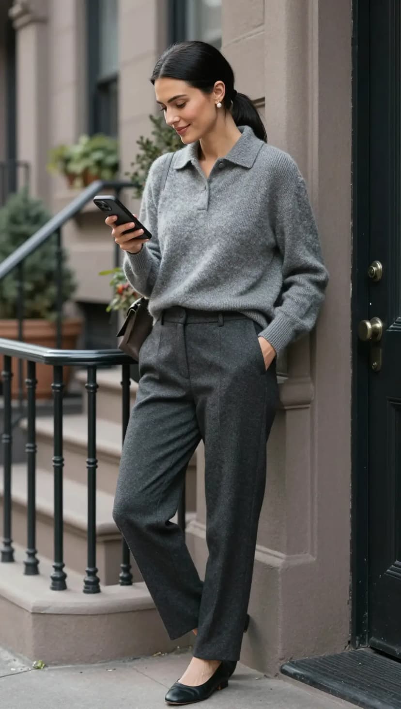 Grey Cashmere Polo Sweater + Charcoal Wool Trousers + Black Leather Loafers