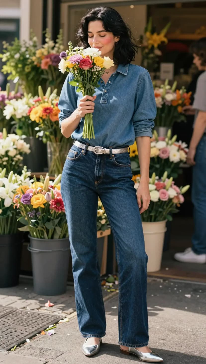 Blue Denim Button-Up Shirt + Blue Denim Wide-Leg Jeans + Silver Metallic Belt