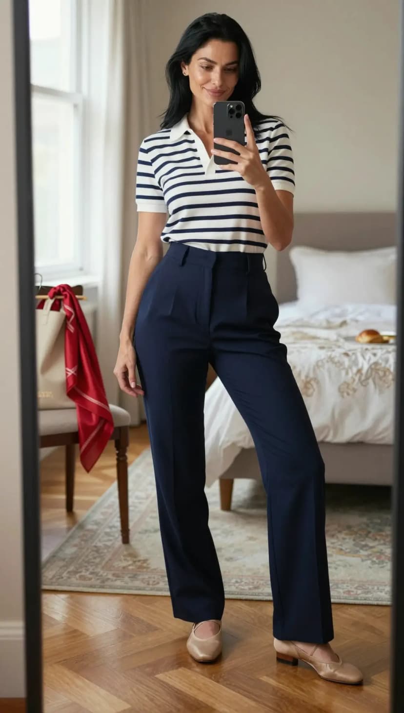 White and Navy Striped Knit Polo + Navy Wool Trousers + Nude Satin Ballet Flats