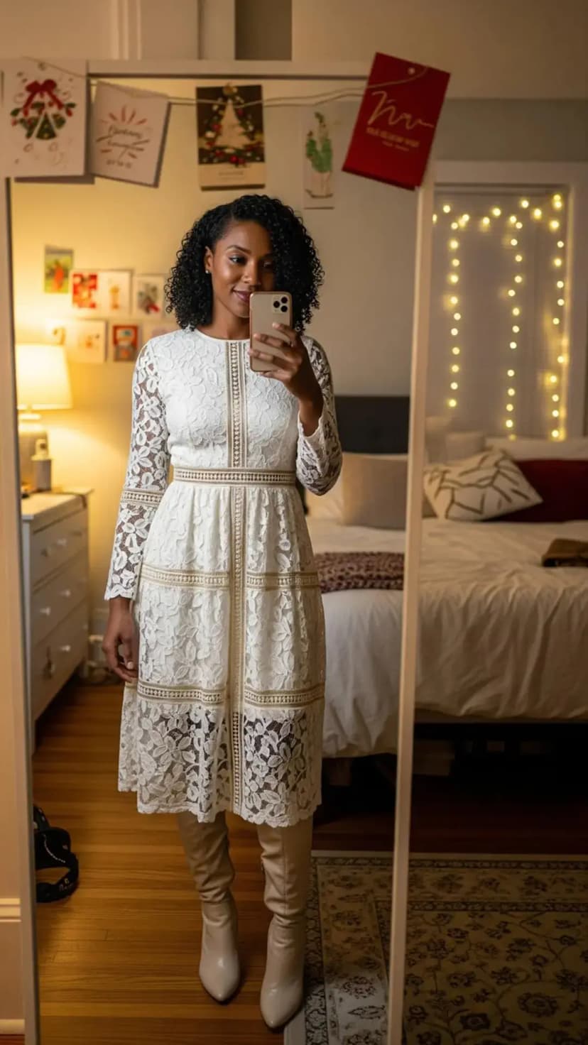White Lace Midi Dress + Black Over-the-Knee Boots
