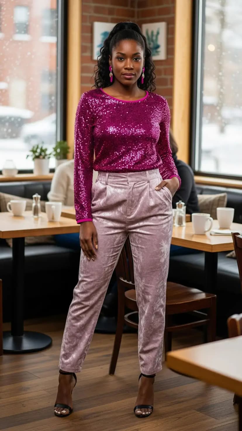 Fuchsia Sequin Top + Fuchsia Velvet Tailored Pants + Black Strappy Heels