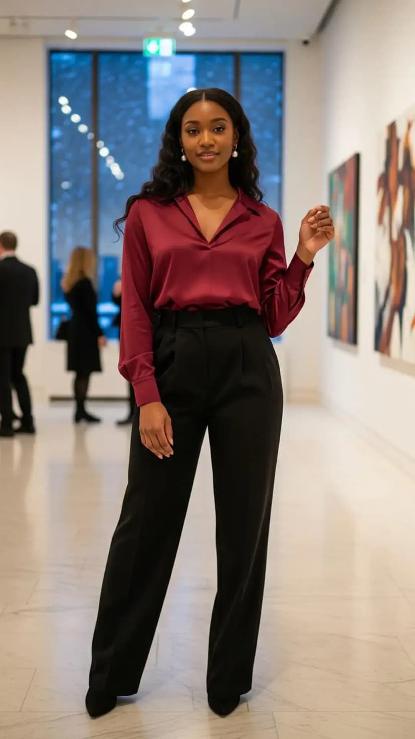 Burgundy Satin Blouse + Black Tailored Wide-Leg Trousers + Black Pointed Heels
