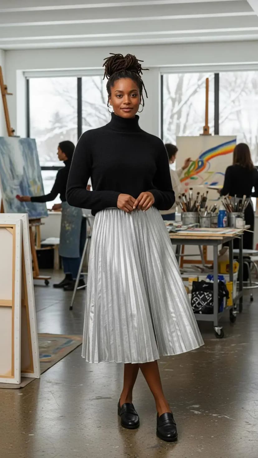 Black Turtleneck Sweater + Silver Pleated Midi Skirt + Black Loafers