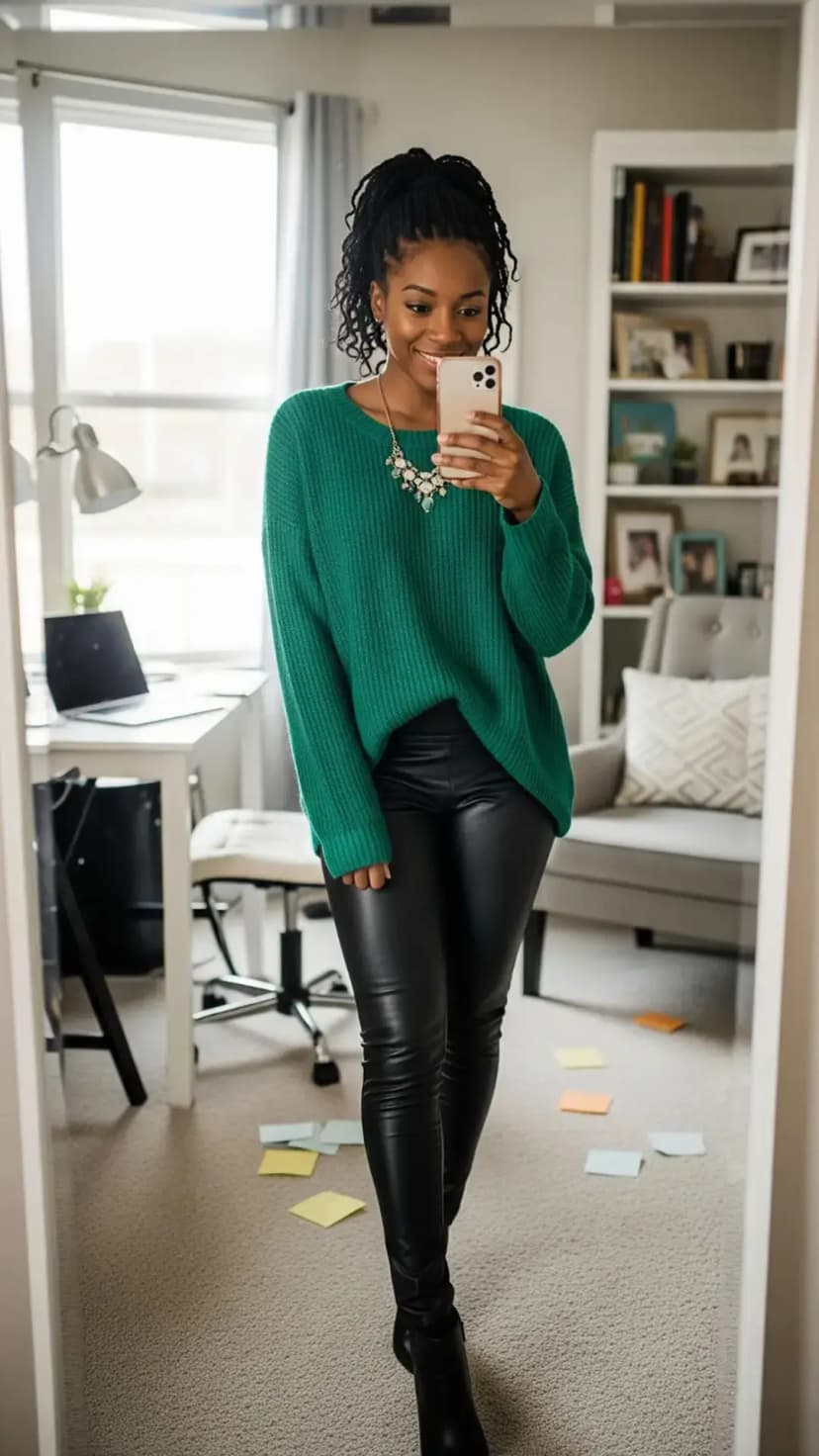 Emerald Chunky Knit Sweater + Black Faux-Leather Leggings + Black Ankle Boots + Statement Necklace