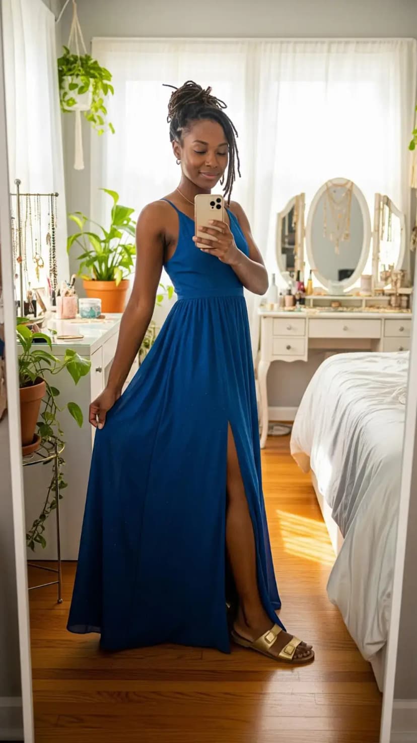Cobalt Maxi Dress with Slit + Gold Slide Sandals