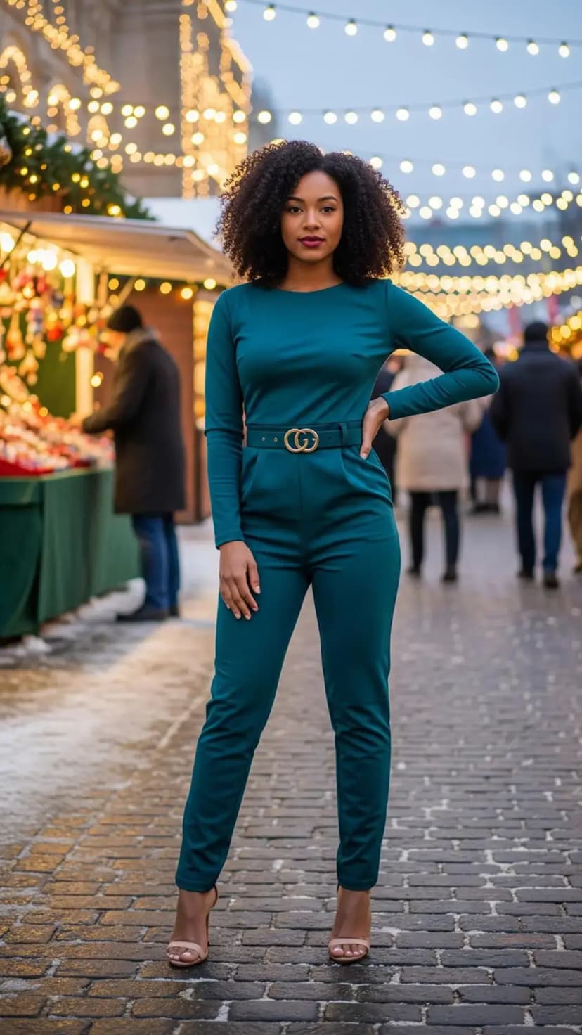 Teal Belted Jumpsuit + Gold Buckle Belt + Nude Strappy Heels