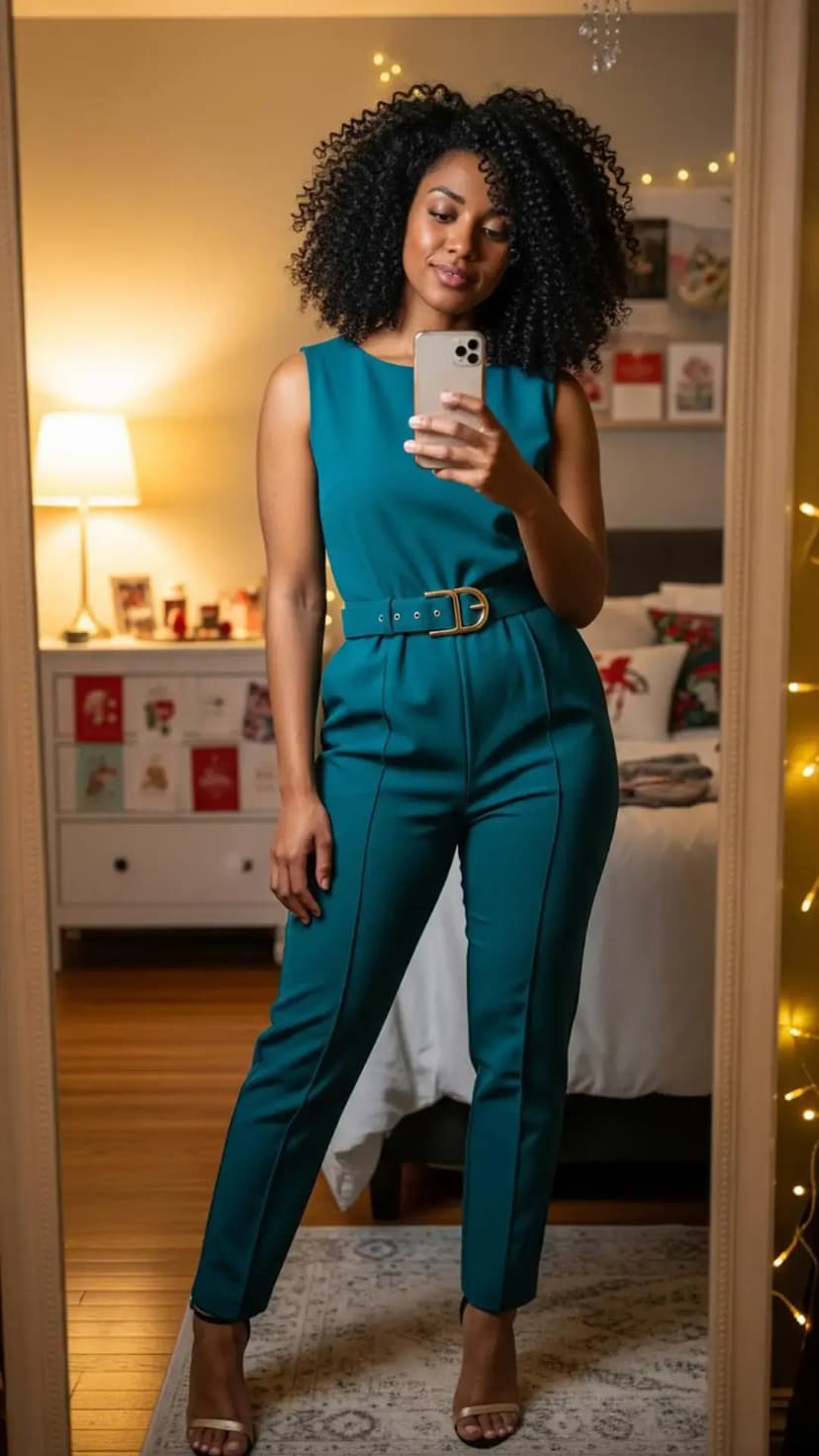 Teal Belted Jumpsuit + Gold Buckle Belt + Nude Strappy Heels