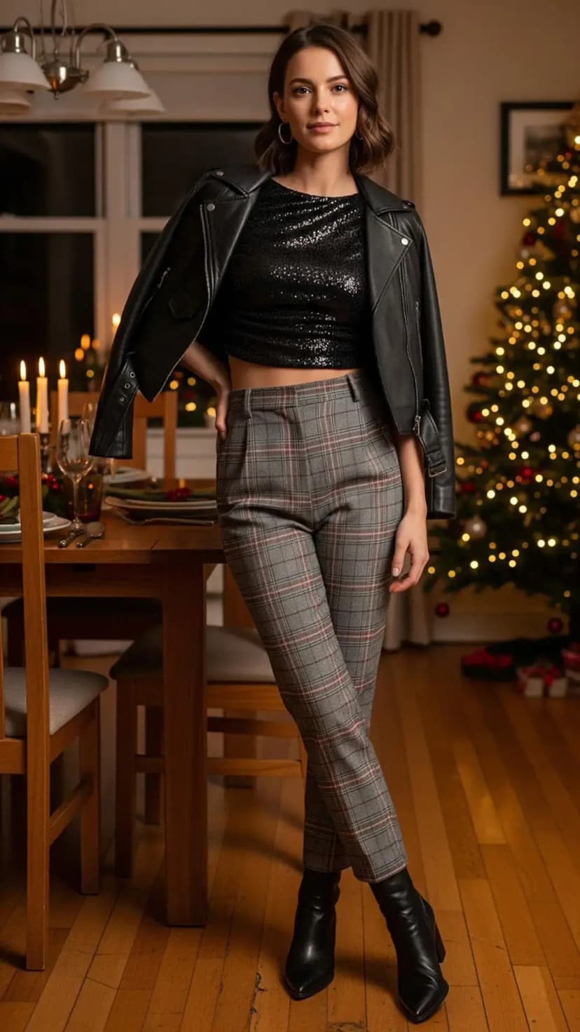 Black Sequin Crop Top + Plaid Tailored Pants + Black Leather Jacket + Black Boots