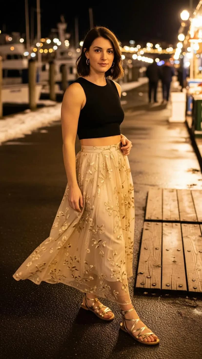 Black Crop Top + Gold Embroidered Maxi Skirt + Gold Sandals