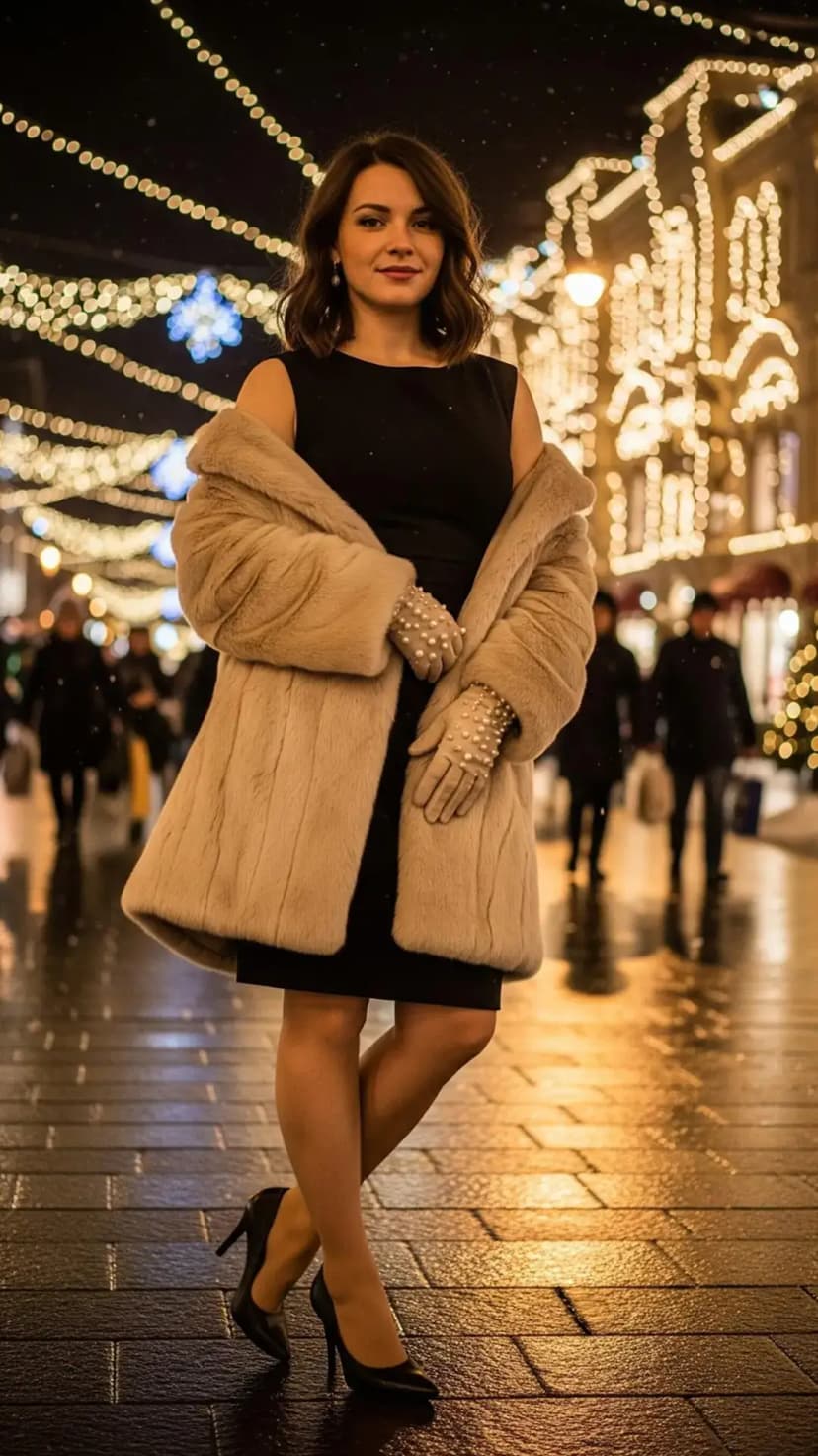 Black Midi Dress + Faux Fur Coat + Pearl Gloves + Black Heels