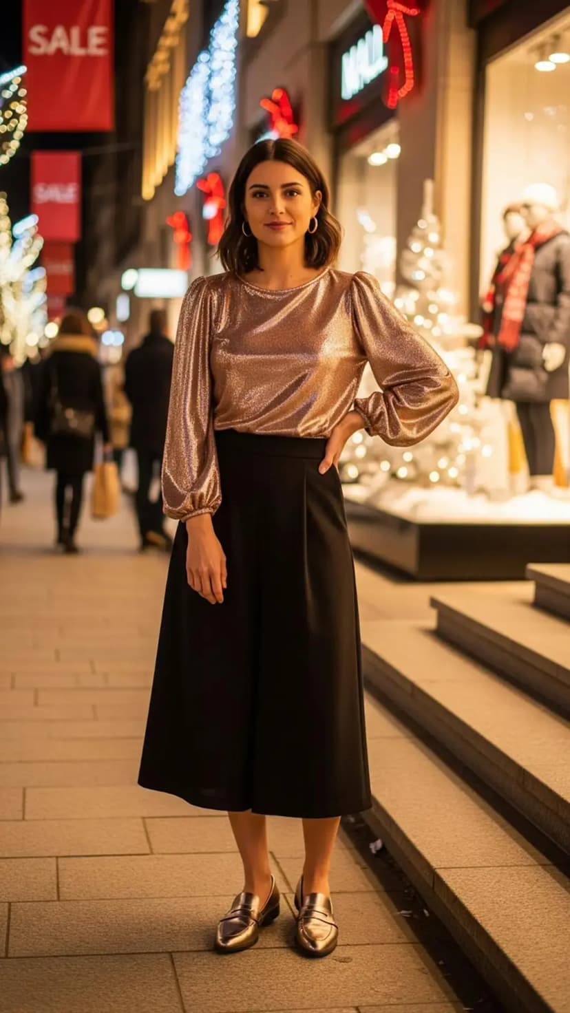 Metallic Long Sleeve Top + Black Palazzo Pants + Silver Loafers
